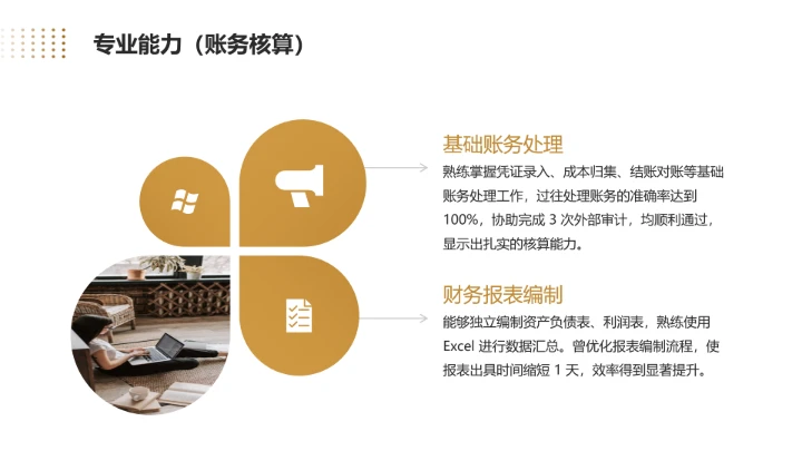 金黄色商务风会计专业大学生求职综合能力展示职业生涯规划通用PPT模版