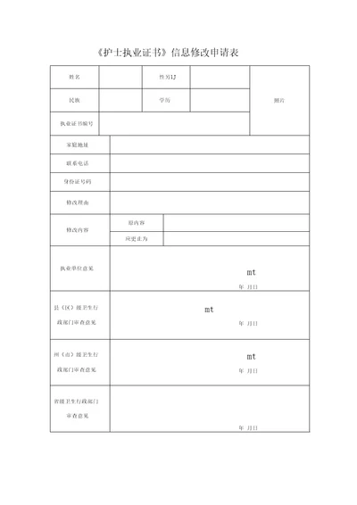 护士执业证书信息修改申请表