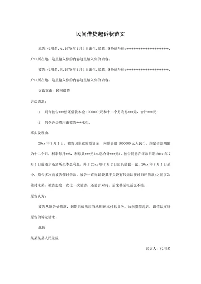民间借贷起诉状范文