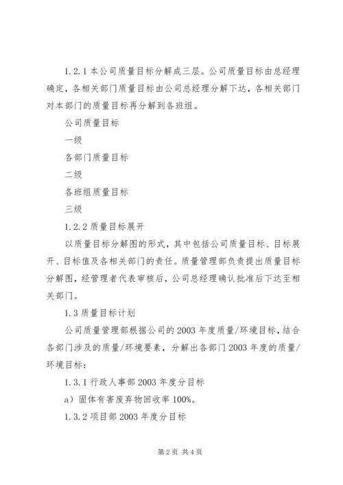 公司质量、环境、职业健康安全目标分解及考核办法质量环境目标.docx