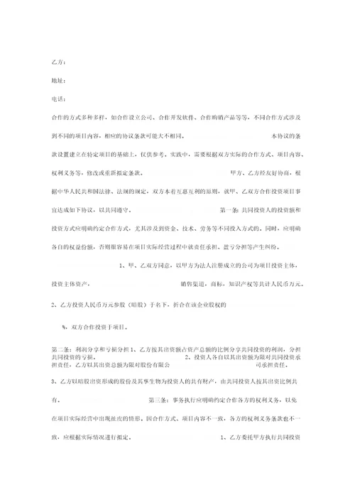暗股投资合作合同协议书范本