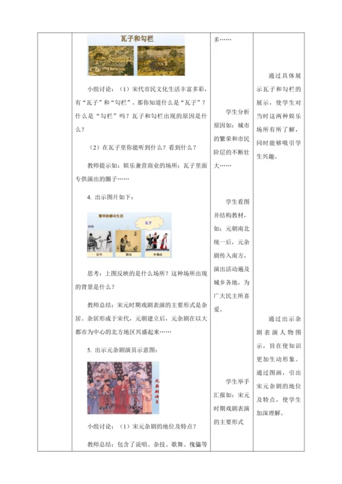 人教版七年级历史下册第二单元12宋元时期的都市与文化教案（表格式）