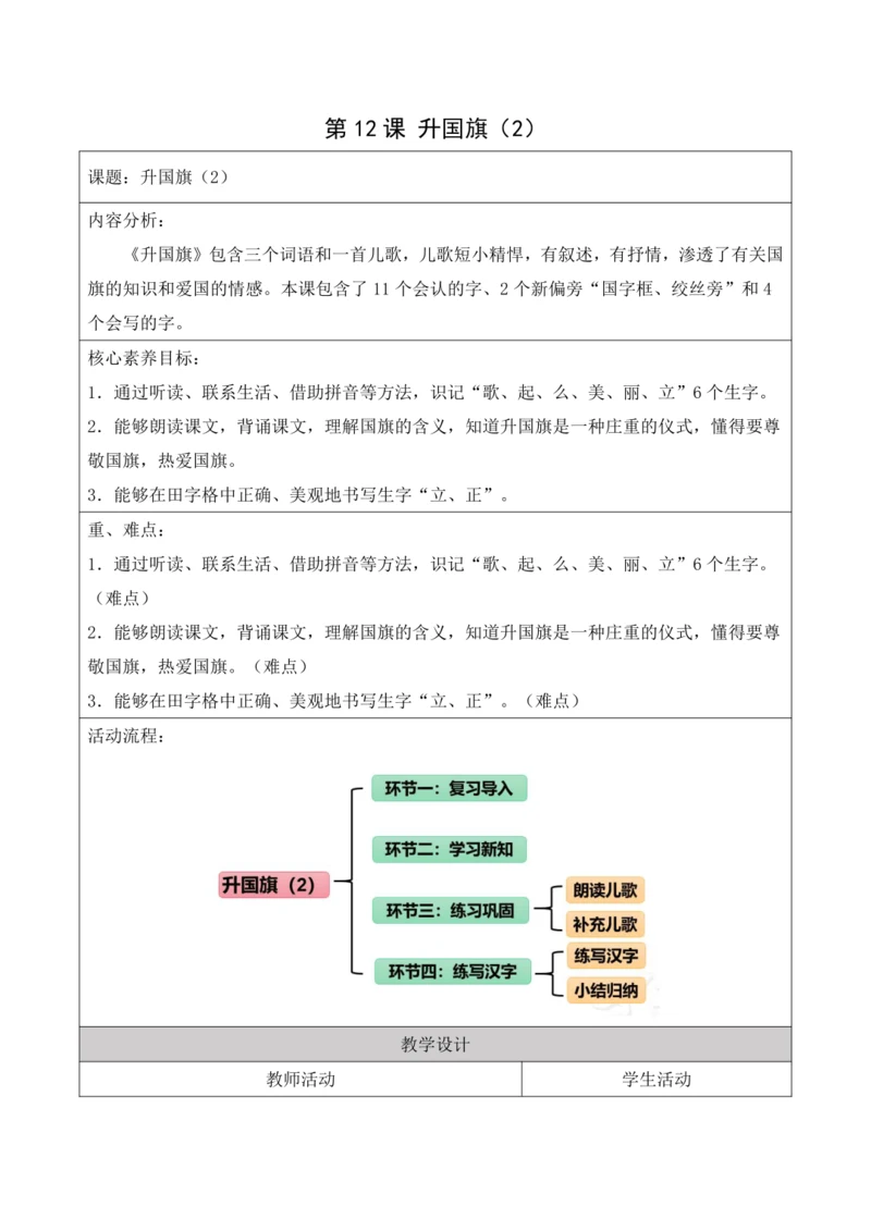 部编1A 第5单元 第12课 升国旗（2）教学设计