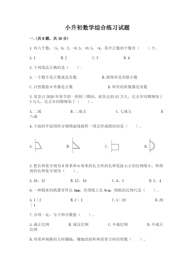 小升初数学综合练习试题推荐.docx