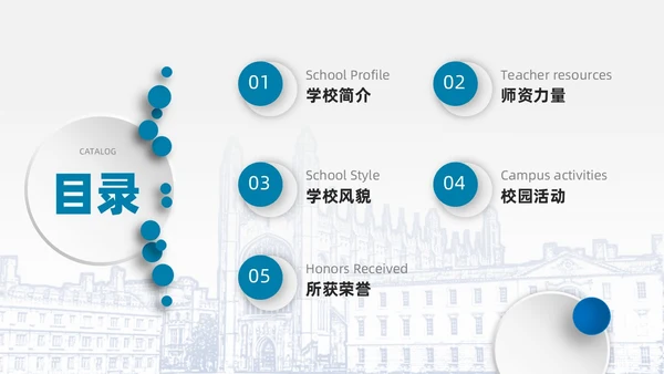 白色蓝色微粒体简约风学校简画学校简介PPT模板