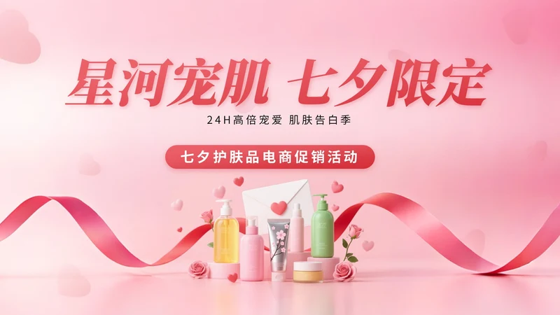 粉红色3D立体风七夕护肤品电商促销活动PPT模版