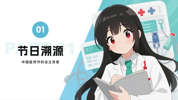 蓝色手绘卡通风医疗中国医师节节日科普PPT模板