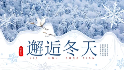 小清新蓝色雪花实拍画册风冬天你好邂逅冬天PPT模板你好冬天