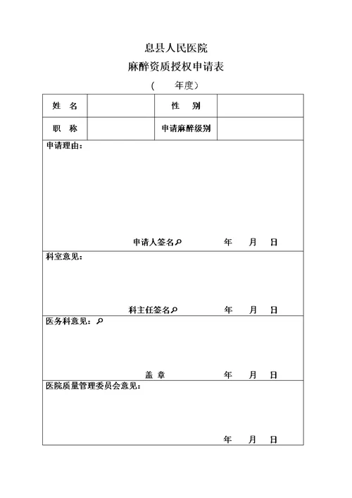 麻醉医师定期能力评价再授权表》、《麻醉资质授权申请表》(共2页)