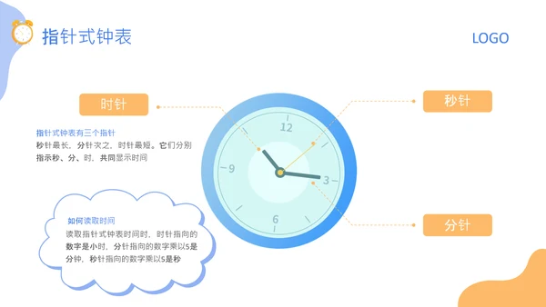 蓝色卡通风格钟表与24小时的认知PPT