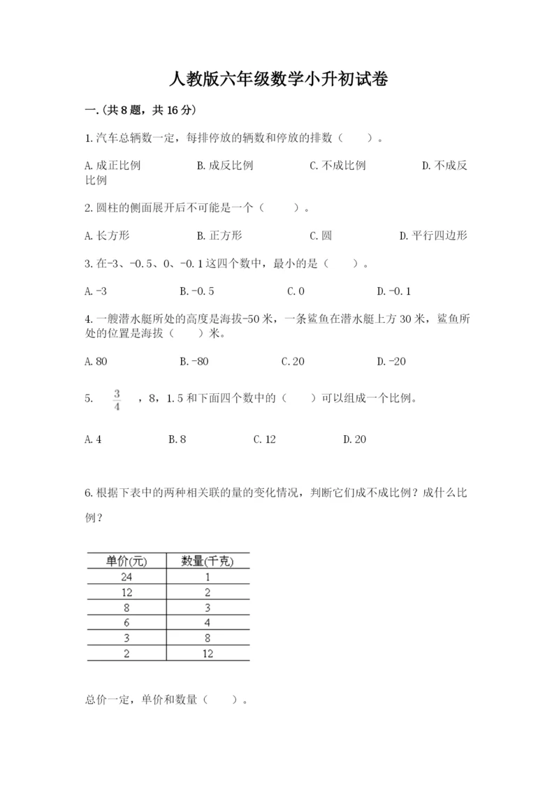 人教版六年级数学小升初试卷及完整答案（精选题）.docx