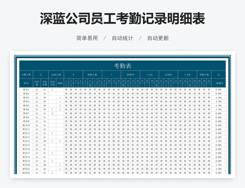深蓝公司员工考勤记录明细表