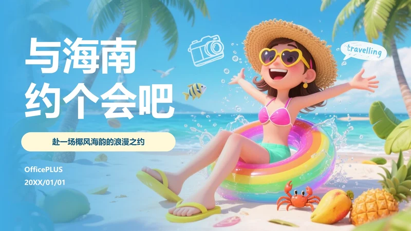 卡通蓝色插画嗨玩海南旅游攻略PPT模板
