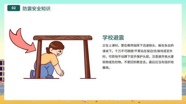 卡通插画地震防震逃生紧急演练主题科普PPT模板