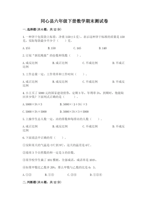 同心县六年级下册数学期末测试卷（名师推荐）.docx