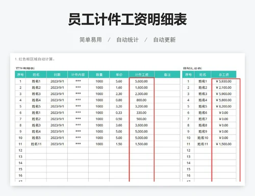 员工计件工资明细表
