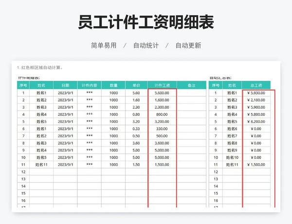 员工计件工资明细表