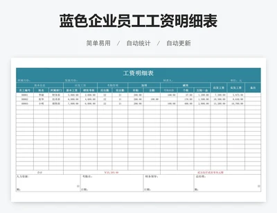 蓝色企业员工工资明细表