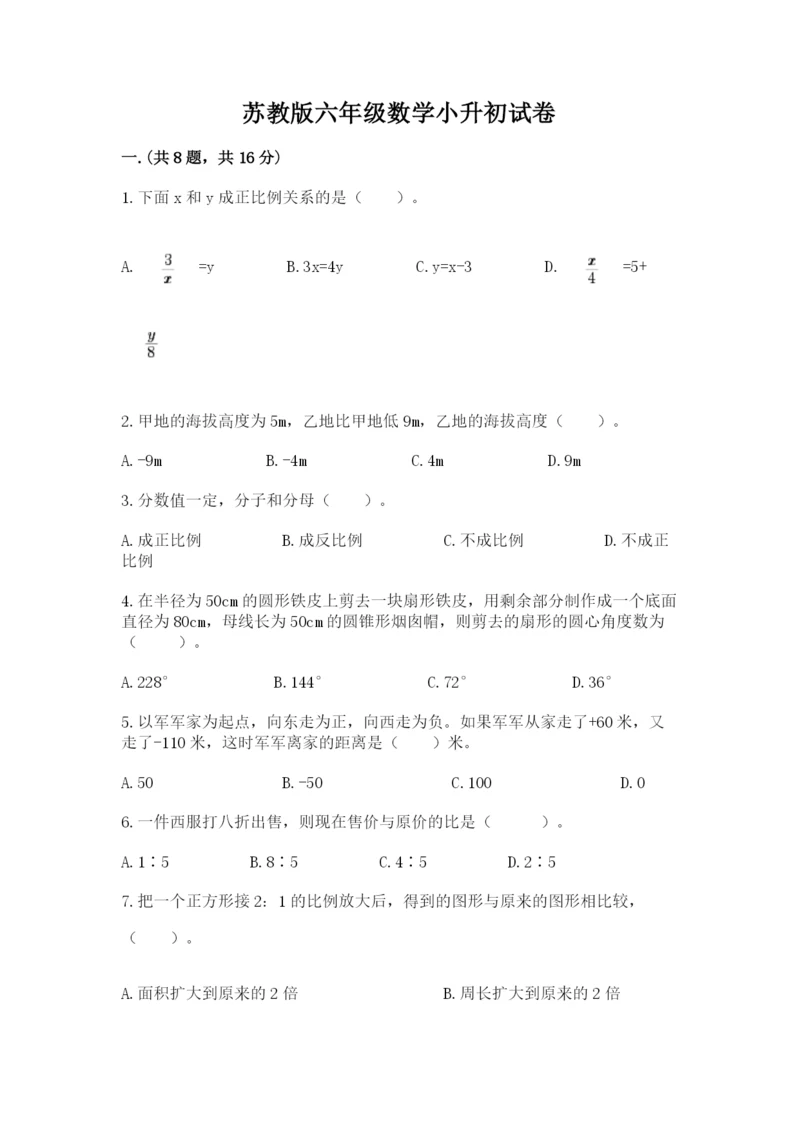 苏教版六年级数学小升初试卷【典优】.docx