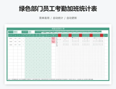 绿色部门员工考勤加班统计表