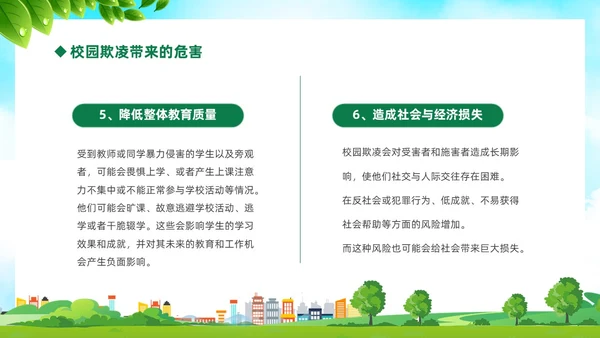绿色卡通儿童中小学预防校园欺凌校园暴力校园霸凌家长会PPT