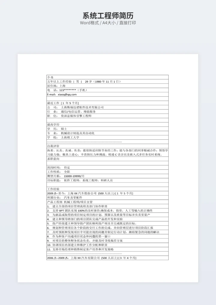 系统工程师简历