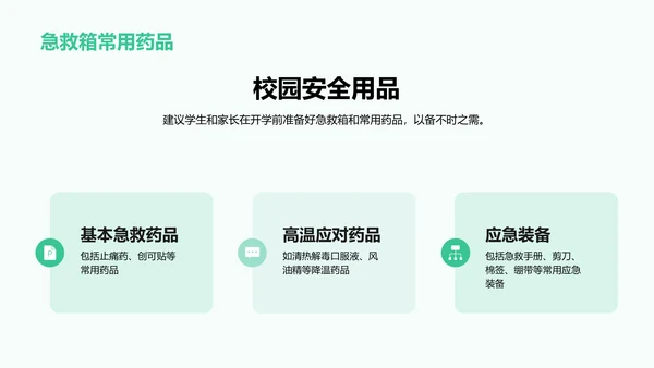 绿色卡通插画安全健康紧急救护必备好物PPT模板