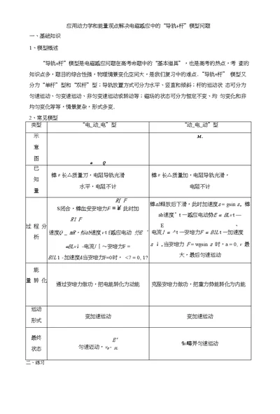 (无答案)应用动力学和能量观点解决电磁感应中的“导轨杆”模型问题