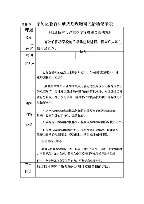 信息技术与课程教学深度融合的研究课题研究活动记录表