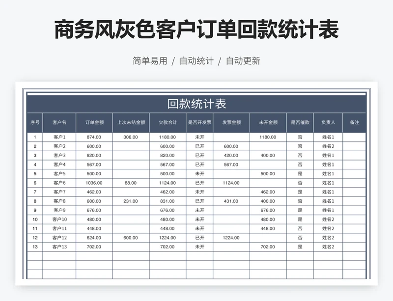 商务风灰色客户订单回款统计表