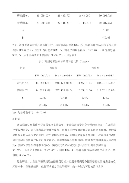 大剂量环磷酰胺联合醋酸泼尼松片对肾病综合征型紫癜性肾炎患儿症状改善及肾功能的影响.docx