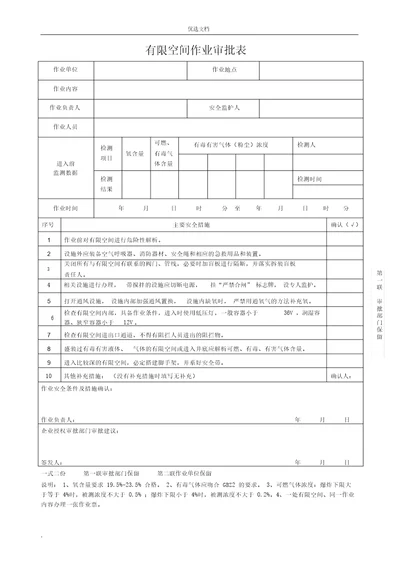 有限空间作业审批表标准