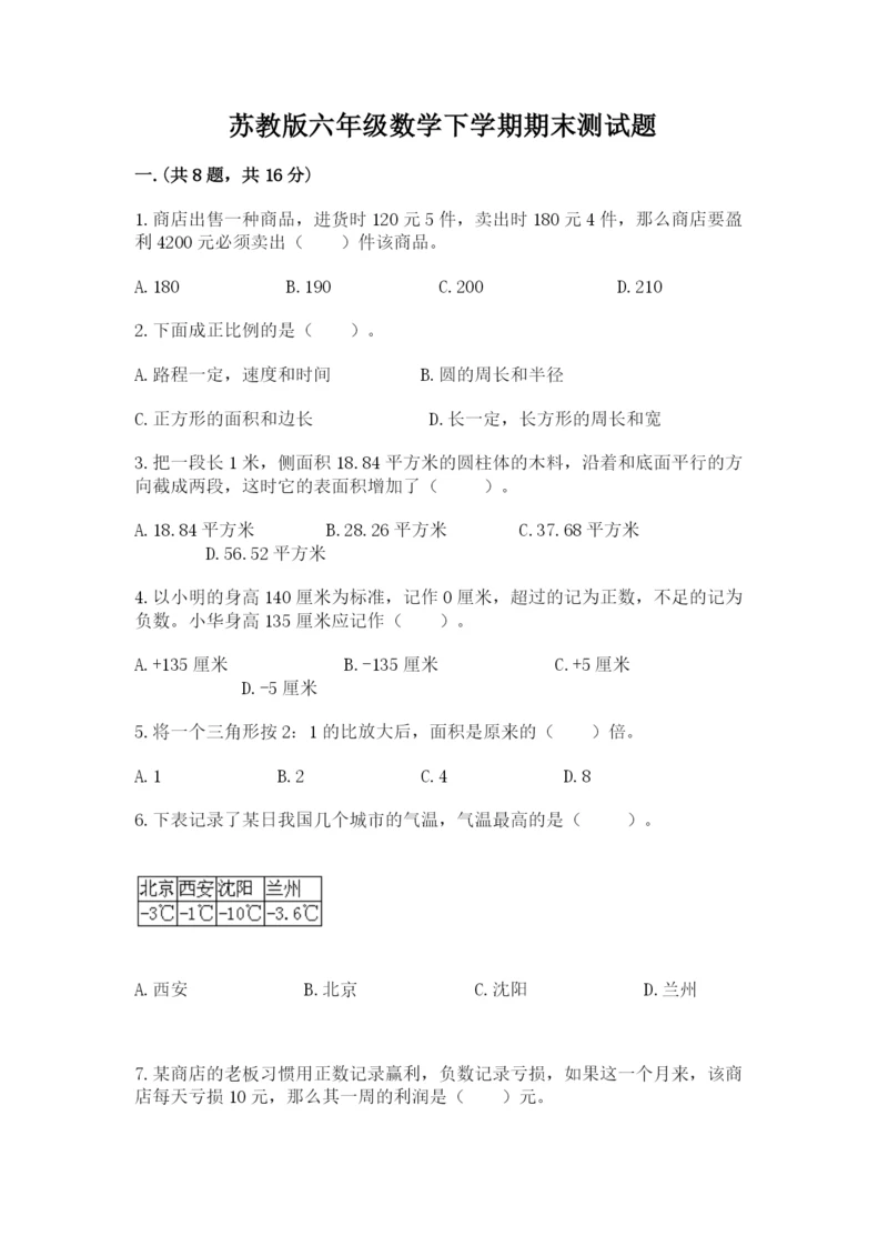 苏教版六年级数学下学期期末测试题（全国通用）.docx