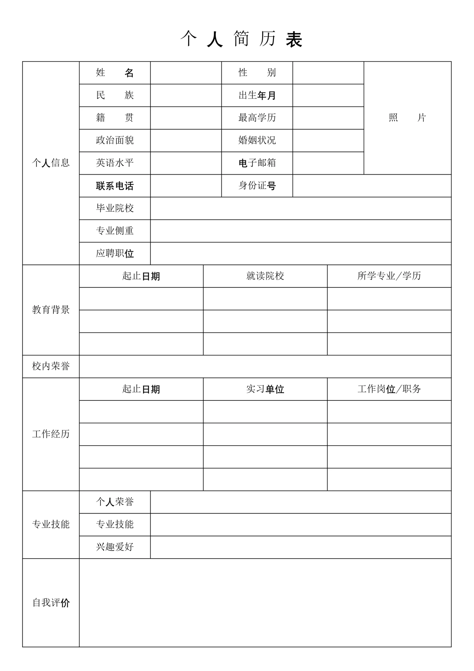 大学生个人简历表模板