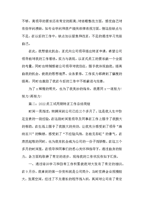 2022员工试用期转正工作总结简短