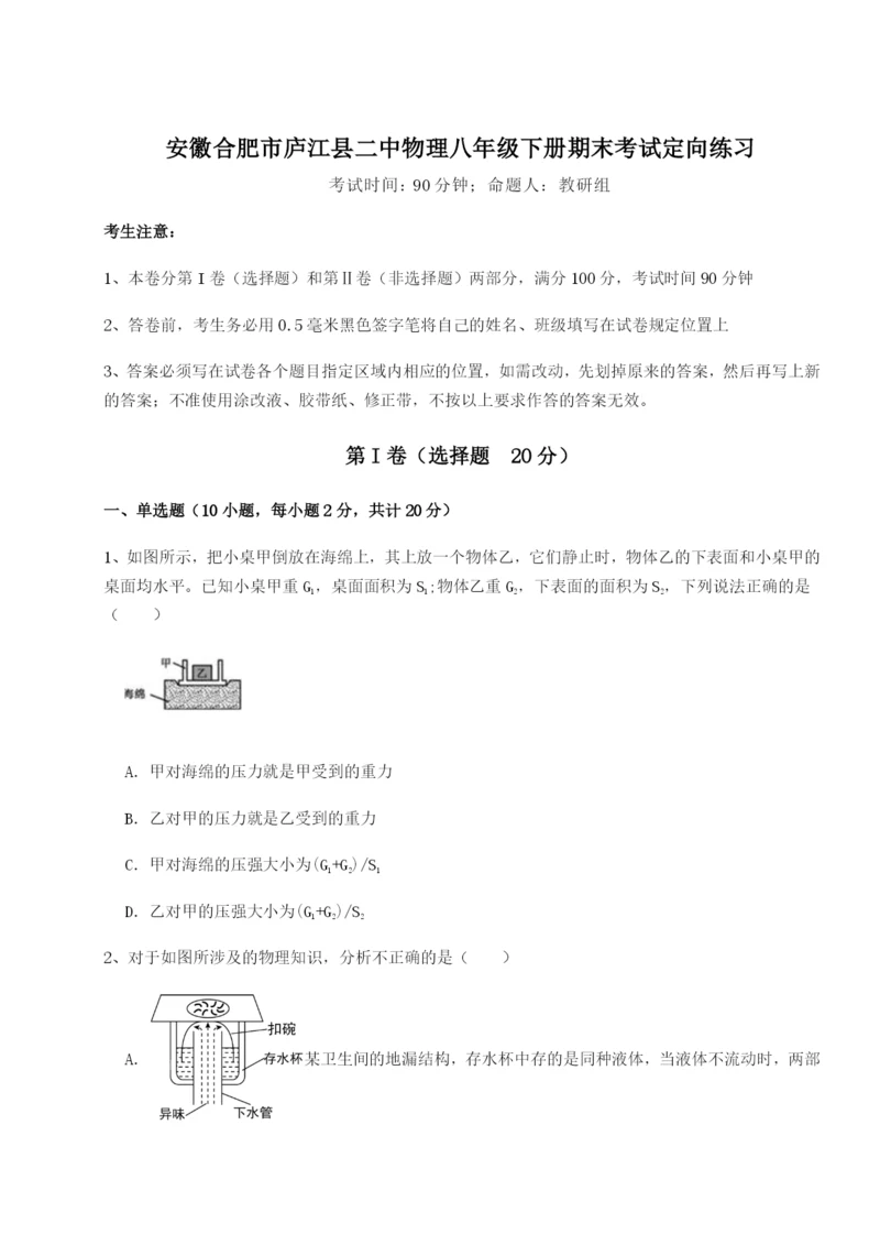 专题对点练习安徽合肥市庐江县二中物理八年级下册期末考试定向练习试题（含答案解析版）.docx