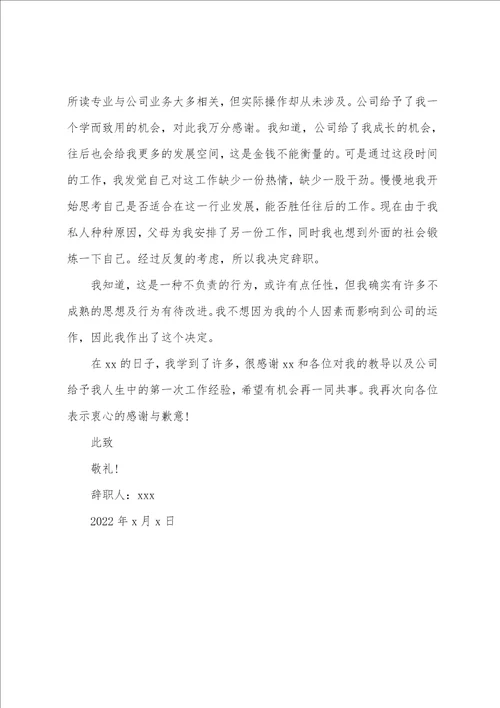 2022财务人员辞职报告模板