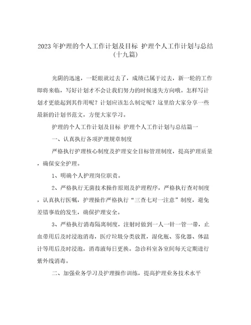 2023年护理的个人工作计划及目标护理个人工作计划与总结(十九篇)