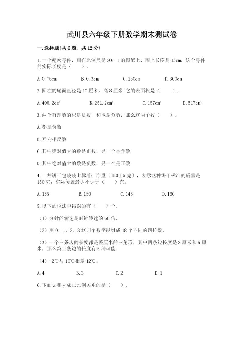武川县六年级下册数学期末测试卷标准卷.docx