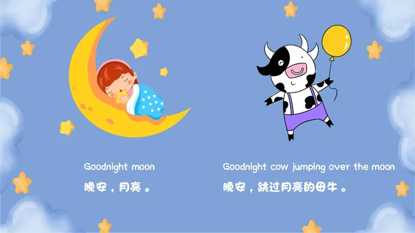 蓝色卡通风梦幻晚安月亮英语绘本ppt课件