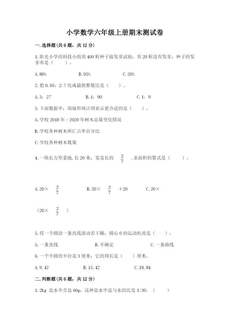 小学数学六年级上册期末测试卷及完整答案【有一套】.docx