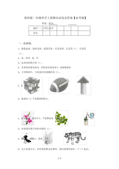 教科版一年级科学上册期末试卷及答案必考题