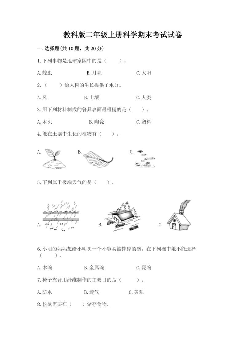 教科版二年级上册科学期末考试试卷（名师系列）.docx