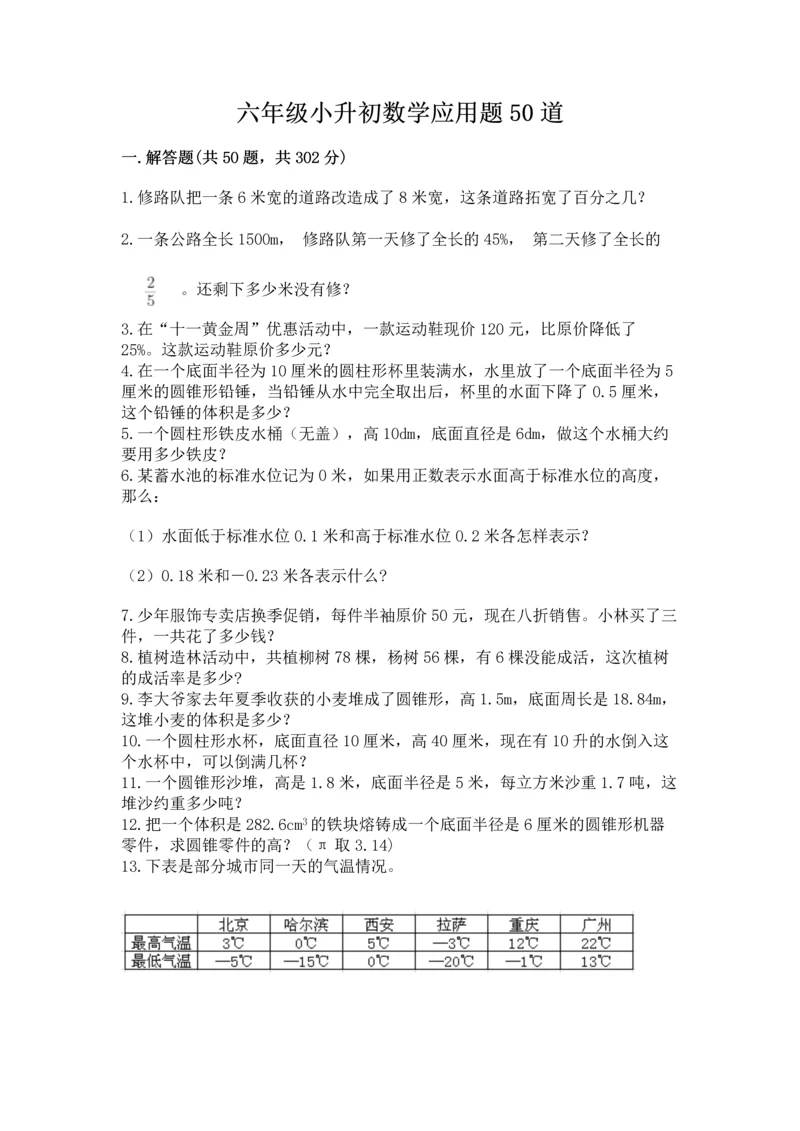 六年级小升初数学应用题50道及精品答案.docx