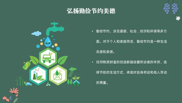 黑板风花卉元素勤俭节约拒绝浪费主题班会学生世界勤俭日