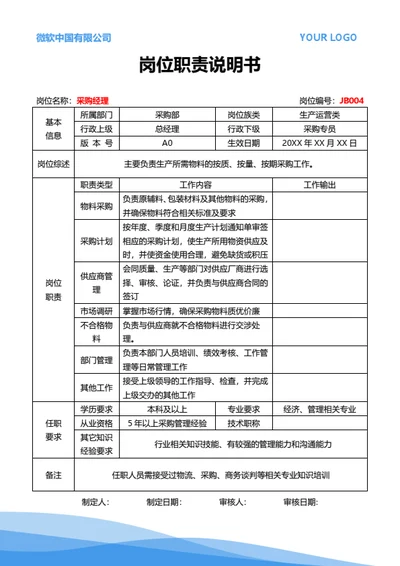 岗位职责说明书（供应链采购经理）