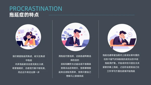 灰色简约扁平卡通战胜拖延症动态PPT