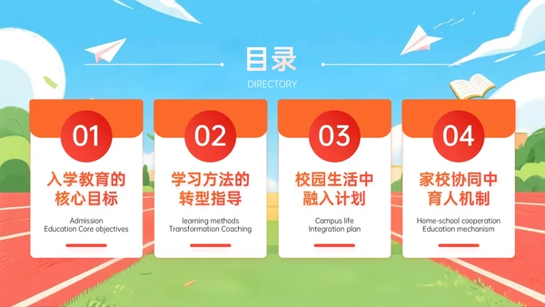 橙红色插画风关于九月新生入学教育PPT模板