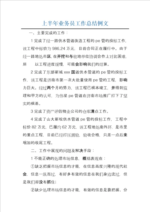 上半年业务员工作总结例文
