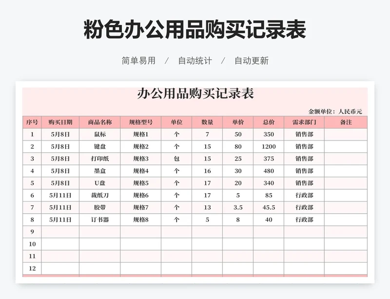 粉色办公用品购买记录表